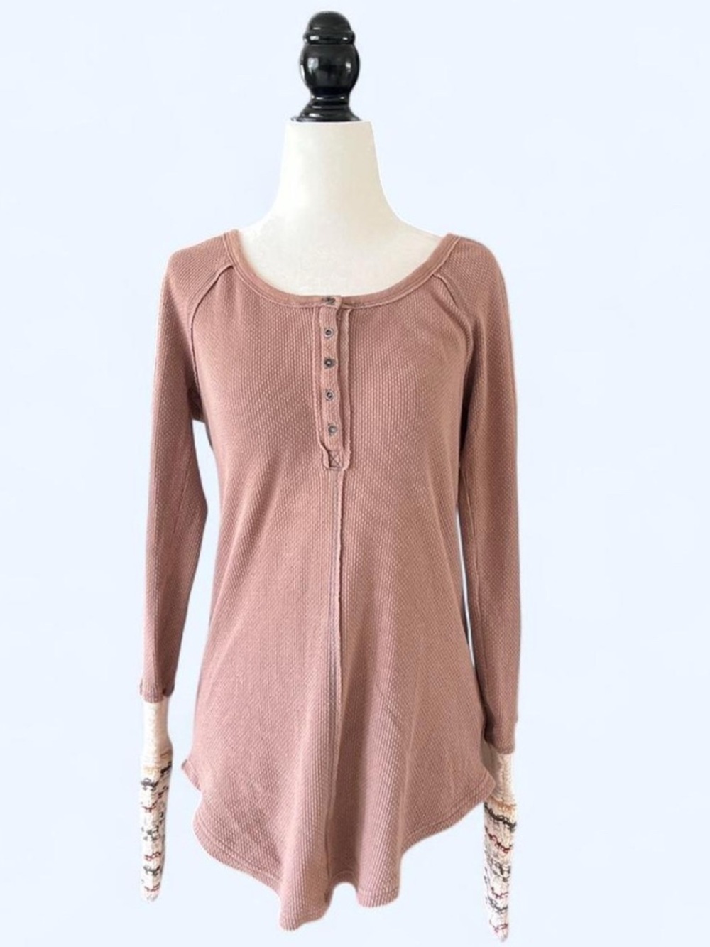 Free People Waffle Knit Henley Tunic Top in Dusty Rose Boho Crochet Sleeve Large